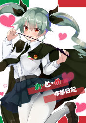 Rule 34 | 10s, 1girl, :p, anchovy (girls und panzer), anzio school uniform, belt, black belt, black cape, black footwear, black necktie, black ribbon, black skirt, cape, closed mouth, commentary request, dress shirt, drill hair, emblem, girls und panzer, green hair, hair ribbon, heart, highres, holding, italian flag, leg up, light smile, loafers, long hair, long sleeves, looking at viewer, miniskirt, necktie, pantyhose, pleated skirt, red eyes, ribbon, riding crop, rurisakura, school uniform, shirt, shoes, skirt, solo, standing, standing on one leg, tongue, tongue out, translation request, twin drills, twintails, white pantyhose, white shirt