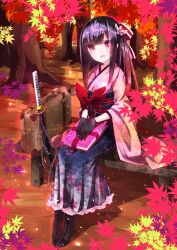 Rule 34 | 1girl, autumn, black gloves, black hair, book, boots, chain, commentary, cross-laced footwear, floral print, flower, gloves, hair flower, hair ornament, hakama, hakama skirt, japanese clothes, katana, lace-up boots, laica, leaf, long hair, looking at viewer, maple leaf, obi, obi bow, official alternate costume, on bench, outdoors, pink eyes, pink hakama, sash, sheath, sheathed, sitting, skirt, smile, solo, suishinshi masahide (tenka hyakken), suitcase, sword, tenka hyakken, tree, weapon, wide sleeves