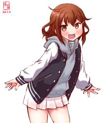 Rule 34 | 1girl, alternate costume, artist logo, blush, brown eyes, brown hair, commentary request, dated, fang, grey sweater, hair ornament, hairclip, highres, hood, hooded sweater, hoodie, ikazuchi (kancolle), kanon (kurogane knights), kantai collection, multicolored jacket, open mouth, pleated skirt, short hair, simple background, skirt, smile, solo, sweater, two-tone jacket, white background, white skirt