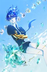 Rule 34 | 1other, androgynous, black necktie, blouse, blue eyes, blue hair, collared shirt, day, houseki no kuni, looking at viewer, micho, necktie, other focus, phosphophyllite, phosphophyllite (ll), shirt, short hair, short sleeves, smile, solo, sparkle, spoilers, uniform, white shirt