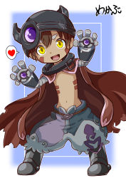 Rule 34 | 1boy, blue background, brown hair, cape, commentary request, cyborg, dark skin, eyebrows hidden by hair, facial mark, fantasy, full body, hair between eyes, heart, helmet, highres, made in abyss, mechanical arms, mekabu115561, navel, open mouth, regu (made in abyss), simple background, speech bubble, yellow eyes