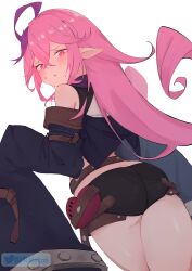 Rule 34 | 1girl, :&lt;, absurdres, ahoge, arena of valor, arms up, ass, belt, black shirt, black shorts, black sleeves, blush, butt crack, detached sleeves, from behind, highres, keera (arena of valor), long hair, looking back, pink eyes, pink hair, pointy ears, rnekon215, shirt, short shorts, shorts, sleeves past wrists, solo, thighs, very long hair