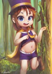 Rule 34 | 1girl, a hat in time, artist name, blue eyes, brown hair, cape, child, echa4797, female focus, flat chest, hat, hat kid, highres, midriff, nature, open mouth, outdoors, plant, short shorts, shorts, solo, top hat, tree, vines, yellow neckwear