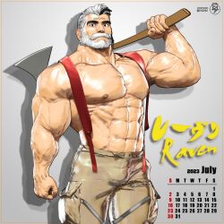 Rule 34 | 1boy, 2023, 3d, abs, axe, bara, beard, brown pants, bulge, calendar (medium), cargo pants, character name, cowboy shot, doosoo, drop shadow, facial hair, facial mark, forehead mark, full beard, grey background, highres, holding, holding axe, huge pectorals, july, korean commentary, looking at viewer, male focus, mature male, mismatched eyebrows, multicolored hair, muscular, muscular male, naked suspenders, navel, nipples, over shoulder, pants, raven arthur (housamo), simple background, solo, streaked beard, streaked hair, suspenders, thick arms, thick beard, thick eyebrows, thick mustache, thick neck, tokyo houkago summoners, topless male, twitter username, veins, veiny arms, weapon, weapon over shoulder