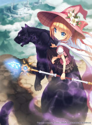 Rule 34 | 1girl, black thighhighs, blonde hair, blue eyes, cape, company name, copyright name, crystal, fangs, flower, glowing, glowing eyes, hat, hat flower, highres, kankurou, lily (flower), long hair, looking at viewer, looking back, magic, monster collection, official art, original, outdoors, panther, pleated skirt, ponytail, puffy short sleeves, puffy sleeves, riding, shirt, short sleeves, sitting, skirt, solo, staff, thighhighs, weapon, witch hat