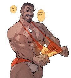 Rule 34 | 1boy, abs, bara, bare pectorals, beard, briefs, bulge, character name, chest hair, clothes pull, cowboy shot, dark-skinned male, dark skin, english text, facial hair, hairy, highres, jewelry, large pectorals, leg hair, male focus, male pubic hair, male underwear, manly, muscular, necklace, nipples, overwatch, overwatch 1, pectorals, pubic hair, reaper (overwatch), rybiok, shirt pull, short hair, smirk, solo, speech bubble, thick thighs, thighs, underwear, white background