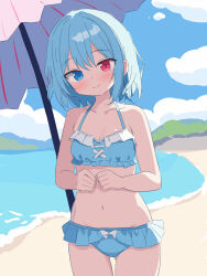 1girl aqua_bikini beach beach_umbrella bikini blue_eyes blue_hair clenched_hands closed_mouth cloud cloudy_sky frilled_bikini frills heterochromia highres izumiizumi01 light_blue_hair looking_at_viewer navel ocean own_hands_together red_eyes short_hair sky smile solo swimsuit tatara_kogasa touhou umbrella