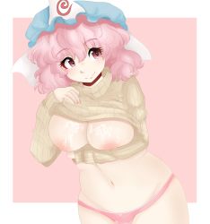 Rule 34 | 1girl, absurdres, arms under breasts, bonnet, breasts, clothes lift, cum, cum on body, cum on breasts, cum on upper body, fingernails, hat, highres, large breasts, looking to the side, modokii, nail polish, navel, nipples, panties, pink background, pink eyes, pink hair, pink panties, plump, saigyouji yuyuko, seductive smile, self-upload, short hair, simple background, smile, smirk, solo, sweater, sweater lift, thick thighs, thighs, touhou, touhou user interface, underwear, wet