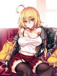 Rule 34 | 1girl, ahoge, alternate costume, artist name, bare shoulders, black choker, black jacket, black thighhighs, blonde hair, breasts, casual, choker, condom, condom wrapper, couch, crescent, garter straps, hair between eyes, highres, holding, jacket, junko (touhou), koissa, large breasts, long hair, looking at viewer, midriff, miniskirt, navel, pillow, pin, red eyes, red skirt, simple background, sitting, skirt, smile, solo, strap gap, strap slip, thighhighs, touhou, white background