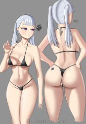 Rule 34 | absurdres, ass, ausoh, bikini, black clover, breasts, highres, huge ass, medium breasts, noelle silva, purple eyes, silver hair, simple background, string bikini, swimsuit, thick thighs, thighs, thong, twintails, underwear