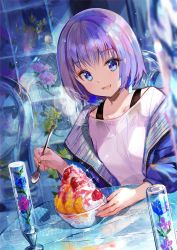 Rule 34 | 1girl, :d, blue eyes, blue flower, blue jacket, blurry, blush, bowl, bra strap, commentary request, depth of field, dessert, flower, food, fruit, fuzichoco, glint, highres, holding, holding spoon, jacket, light purple hair, looking at viewer, open clothes, open jacket, open mouth, original, purple flower, shirt, short hair, smile, solo, spoon, table, white shirt