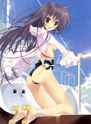 Rule 34 | 1girl, :d, absurdres, ass, blue sky, blush, breasts, brown eyes, brown hair, clothes pull, day, dress, fang, highres, kneeling, long hair, looking back, medium breasts, one-piece swimsuit pull, open clothes, open mouth, original, sandals, scan, school swimsuit, ship, sideboob, sky, smile, solo, swimsuit, tsurusaki takahiro, very long hair, watercraft, wet, white dress