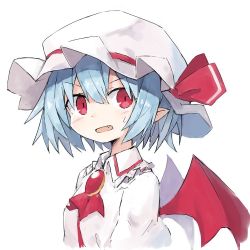 Rule 34 | 1girl, asameshi, blue hair, blush, brooch, fang, frills, hat, hat ribbon, jewelry, looking at viewer, mob cap, open mouth, pointy ears, red eyes, red neckwear, red ribbon, remilia scarlet, ribbon, shirt, short hair, simple background, solo, sweatdrop, touhou, upper body, white background, white hat, white shirt