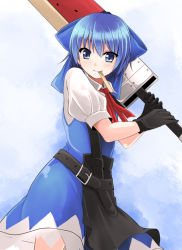 Rule 34 | 1girl, advent cirno, blue dress, blue eyes, blue hair, bow, cirno, dress, female focus, food, gloves, gradient background, hair bow, matching hair/eyes, meneru, mouth hold, popsicle, ribbon, short hair, solo, sword, touhou, weapon, wings