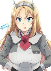 Rule 34 | 1girl, blonde hair, blue eyes, breasts, dated, grey skirt, hands on own hips, headgear, highres, johssnny, kantai collection, large breasts, long hair, long sleeves, looking at viewer, military, military uniform, nelson (kancolle), remodel (kantai collection), simple background, skirt, solo, standing, twitter username, uniform, upper body, white background