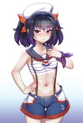 Rule 34 | absurdres, belly, blush, braid, clothes pull, commission, folks (nabokof), hair ornament, hair ribbon, hat, highres, mole, mole under eye, nail polish, overalls, purple eyes, purple hair, red nails, ribbon, sailor, sailor hat, shirt pull, shorts, symonne (tales), tales of (series), tales of zestiria, twintails