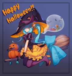 Rule 34 | 1girl, absurdres, blue hair, bow, bow skirt, broom, broom riding, candy, candy hair ornament, corset, food, food-themed hair ornament, frilled skirt, frills, full body, ghost, hair ornament, hair ribbon, halloween, happy halloween, hat, hatsune miku, high heels, highres, jack-o&#039;-lantern, lollipop, lollipop hair ornament, long hair, looking at viewer, nana mikoto, one eye closed, pantyhose, puff and slash sleeves, puffy short sleeves, puffy sleeves, pumpkin, ribbon, short sleeves, skirt, smile, solo, sparkle, twintails, very long hair, vocaloid, witch, witch hat, wrapped candy