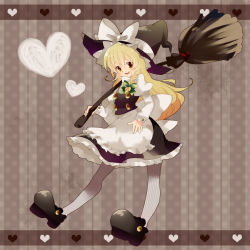 Rule 34 | 1girl, apron, bad id, bad pixiv id, blonde hair, bow, braid, broom, dolberry303, dress, female focus, frills, full body, hair ribbon, hand on own hip, hat, heart, hip focus, kirisame marisa, long hair, mary janes, pantyhose, ribbon, shoes, smile, solo, striped clothes, striped pantyhose, touhou, vertical-striped clothes, vertical-striped pantyhose, white pantyhose, witch, witch hat, yellow eyes