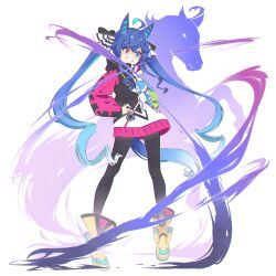 Rule 34 | 1girl, ahoge, air current, animal ears, aqua hair, black pantyhose, blue eyes, blue hair, boots, bow, commentary, crossed bangs, floating, full body, grin, hair bow, hands on own hips, heterochromia, hood, hoodie, horse, horse ears, horse girl, horse tail, long hair, long sleeves, multicolored clothes, multicolored hair, multicolored hoodie, pantyhose, plasbott, purple eyes, sidelocks, smile, solo, striped bow, stuffed animal, stuffed rabbit, stuffed toy, tail, twin turbo (umamusume), twintails, two-tone hair, umamusume, very long hair, white background, yellow footwear