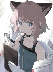 Rule 34 | 1girl, absurdres, ahoge, animal ear fluff, animal ears, arknights, black choker, blue dress, blue eyes, brown hair, choker, closed mouth, collarbone, dress, fox ears, gloves, hands up, highres, holding, jacket, looking at viewer, off shoulder, open clothes, open jacket, solo, spam (spamham4506), sussurro (arknights), white gloves, white jacket