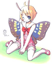 Rule 34 | 1boy, antennae, fairy, full body, insect wings, kimarin, male focus, mary janes, one eye closed, pink footwear, shimon (shimotsuma), shimotsuma, shoes, solo, thighhighs, trap, white background, wings, wink