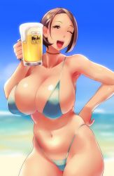 Rule 34 | 1girl, absurdres, alcohol, beach, beer, beer mug, bikini, blue bikini, blurry, blurry background, bob cut, breasts, brown eyes, brown hair, choker, cleavage, cloud, commentary, cowboy shot, cup, day, depth of field, english commentary, hair behind ear, hand on own hip, highleg, highleg bikini, highres, holding, holding cup, huge breasts, looking at viewer, mole, mole under eye, mug, navel, one eye closed, open mouth, original, outdoors, short hair, sky, smile, solo, standing, swimsuit, ueda torini, wink