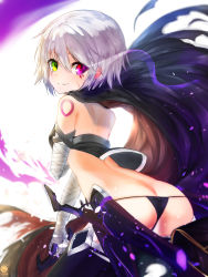 Rule 34 | 1girl, absurdres, ass, back, bandaged arm, bandages, black panties, black thighhighs, butt crack, cloak, facial mark, fate/apocrypha, fate/grand order, fate (series), green eyes, heterochromia, highres, holding, holding weapon, jack the ripper (fate/apocrypha), nekodayo22, panties, red eyes, sheath, sheathed, short hair, smile, solo, teeth, thighhighs, underwear, weapon, white hair