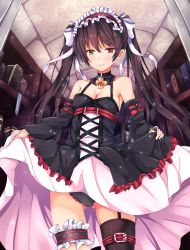 Rule 34 | 1girl, absurdres, black hair, black panties, breasts, cameltoe, cleavage, clothes lift, detached sleeves, dress, dress lift, erimu, garter straps, heterochromia, highres, long hair, naughty face, original, panties, ribbon, single thighhigh, smile, solo, thigh strap, thighhighs, twintails, underwear