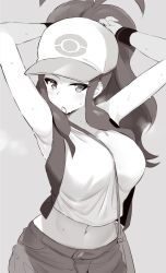 Rule 34 | 1girl, adjusting hair, armpits, arms up, bag, baseball cap, belly, between breasts, blush, breasts, cowboy shot, creatures (company), facing viewer, game freak, grey background, greyscale, handbag, hat, high ponytail, hilda (pokemon), long hair, looking at viewer, midriff, monochrome, mouth hold, navel, nintendo, noripachi, pokemon, pokemon bw, simple background, solo, steam, strap between breasts, sweat, tying hair, very long hair