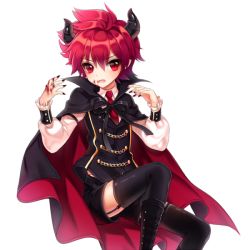 Rule 34 | 1boy, alternate costume, bad id, bad pixiv id, black thighhighs, blood, blood on face, boots, bow, cape, elsword, elsword (character), haruya (lajoon), horns, male focus, messy hair, necktie, red eyes, red hair, shorts, solo, thigh strap, thighhighs, vest, white background, zettai ryouiki