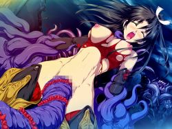 Rule 34 | black hair, breasts, censored, large insertion, long hair, monster, nipples, object insertion, restrained, stomach bulge, tamiya akito, tentacles, torn clothes, zanjibaru