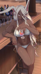 Rule 34 | 1girl, abs, absurdres, animal ear fluff, animal ears, bar (place), barefoot, beach, bikini, boku no hero academia, breasts, cocktail, cocktail glass, collarbone, commentary, cup, dark-skinned female, dark skin, drinking glass, drinking straw, english commentary, full body, highres, lace, lace-trimmed bikini, lace trim, leaning on table, long eyelashes, long hair, looking at viewer, medium breasts, mirko, moddedjoker, muscular, muscular female, navel, rabbit ears, rabbit girl, red eyes, shiny skin, side-tie bikini bottom, signature, silver hair, sitting, solo, spaghetti strap, stool, strap gap, swimsuit, thigh gap, toenails, toes, toned, white bikini