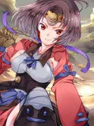 Rule 34 | 10s, 1girl, blue bow, blue bowtie, bow, bowtie, breasts, brown gloves, brown hair, cloud, corset, foreshortening, gloves, headpiece, japanese clothes, koutetsujou no kabaneri, long sleeves, looking at viewer, medium breasts, mihara youzora, mumei (kabaneri), outdoors, outstretched arm, red eyes, ribbon, short hair, sky, smile, solo, topknot, underbust