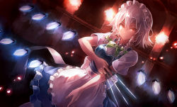 Rule 34 | &gt;:), 1girl, 60mai, apron, between fingers, blue dress, bow, bowtie, braid, breasts, closed mouth, cowboy shot, dress, green bow, green bowtie, hair between eyes, hair bow, holding, holding knife, indoors, izayoi sakuya, knife, knives between fingers, looking at viewer, maid, maid headdress, medium breasts, red eyes, scarlet devil mansion, short hair, short sleeves, silver hair, solo, touhou, twin braids, v-shaped eyebrows, waist apron