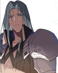 Rule 34 | 1boy, armor, black coat, chest strap, coat, final fantasy, final fantasy vii, green eyes, grey hair, high collar, light frown, long bangs, long hair, looking to the side, male focus, parted bangs, pauldrons, sephiroth, shoulder armor, slit pupils, solo, upper body, white background, yunyunonigiri