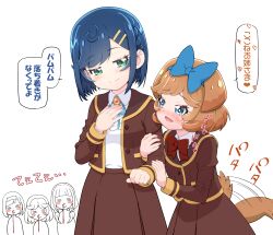 Rule 34 | 5girls, = =, afterimage, animal ears, arm grab, blood, blue bow, blue eyes, blue hair, blue ribbon, blunt bangs, blunt ends, blush, blush stickers, bob cut, bow, bowtie, braid, brooch, brown hair, brown jacket, brown skirt, commentary, delicious party precure, dog ears, dog girl, dog tail, dress shirt, endou iroha, fuwa kokone, green eyes, hair bow, hair ornament, hair scrunchie, hairband, hairclip, half-closed eyes, hand on own chest, heart, jacket, jewelry, kohsaka jun, long sleeves, looking at another, low twintails, motion lines, multiple girls, nagase ena, neck ribbon, nosebleed, open mouth, pam-pam (precure), pam-pam (precure) (human), precure, red bow, red bowtie, ribbon, school uniform, scrunchie, shinsen middle school uniform, shirt, simple background, skirt, smile, tail, tail wagging, takada risa, translated, twintails, white background, white shirt, wing collar