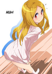 Rule 34 | 1girl, ass, bent over, blonde hair, blush, bottomless, breasts, character name, closed mouth, furrowed brow, highres, idolmaster, idolmaster cinderella girls, long hair, long sleeves, looking back, mochizuki hijiri, parted bangs, pink sweater, red eyes, ribbed sweater, small breasts, socks, solo, standing, straight hair, sweater, turtleneck, turtleneck sweater, white socks, yuuichi (reductionblack)