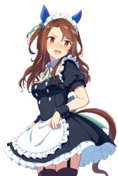 Rule 34 | 1girl, absurdres, animal ears, apron, black dress, black thighhighs, blush, breasts, brown eyes, cleavage, commentary request, covered navel, cowboy shot, dress, ear covers, embarrassed, garter straps, highres, horse ears, horse girl, horse tail, king halo (umamusume), maid, maid headdress, one side up, open mouth, petticoat, puffy short sleeves, puffy sleeves, short sleeves, simple background, small breasts, solo, sonoda 345, tail, thighhighs, umamusume, v-shaped eyebrows, waist apron, white background, wrist cuffs