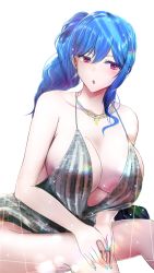 Rule 34 | 1girl, :o, azur lane, backless dress, backless outfit, bag, bare shoulders, blue hair, blue nails, breasts, cleavage, commentary request, dress, earrings, evening gown, hair between eyes, hair ornament, hairclip, halter dress, halterneck, handbag, highres, jewelry, large breasts, nail polish, necklace, pink eyes, plunging neckline, revealing clothes, ru-ne, side ponytail, sidelocks, silver dress, sitting, solo, st. louis (azur lane), st. louis (luxurious wheels) (azur lane), thighs