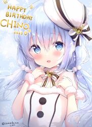 Rule 34 | 1girl, 2023, :d, amedamacon, beret, blue background, blue eyes, blue hair, blush, bow, breasts, character name, commentary request, dress, fur-trimmed dress, fur trim, gochuumon wa usagi desu ka?, hair between eyes, hands up, happy birthday, hat, kafuu chino, long hair, looking at viewer, low twintails, off-shoulder dress, off shoulder, open mouth, small breasts, smile, solo, star (symbol), starry background, striped, striped bow, tilted headwear, twintails, twitter username, very long hair, white bow, white dress, white hat