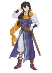 Rule 34 | 1boy, belt, bishounen, black eyes, black hair, boots, brown belt, brown footwear, brown sash, commentary, ebinku, english commentary, fire emblem, fire emblem: thracia 776, full body, grin, hand in own hair, hand up, high collar, highres, long hair, long sleeves, looking at viewer, low-tied long hair, male focus, nintendo, pants, puffy sleeves, sash, scabbard, scarf, shannam (fire emblem), sheath, sheathed, shirt, side slit, simple background, smile, solo, standing, sweat, sword, tabard, tachi-e, weapon, white background, white pants, white shirt, wrist wrap, yellow scarf