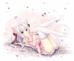 Rule 34 | 1girl, ahoge, animal ears, ass, bad id, bad pixiv id, cardigan, cat ears, cat tail, frilled skirt, frills, hair ribbon, legs up, long hair, looking at viewer, lying, no shoes, hugging object, on back, original, panties, pantyshot, petals, pillow, pillow hug, red eyes, ribbon, skirt, smile, solo, sumikko no aria, tail, thighhighs, underwear, water drop, white hair, white panties, white thighhighs