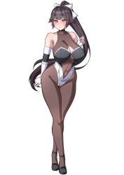 Rule 34 | 1girl, :o, azur lane, bare shoulders, black hair, blush, bow, breasts, cleavage, cleavage cutout, clothing cutout, covered navel, full body, highres, large breasts, long hair, looking at viewer, muta poo, official alternate costume, pantyhose, parted lips, ponytail, race queen, solo, takao (azur lane), takao (full throttle charmer) (azur lane), two-tone leotard, white bow