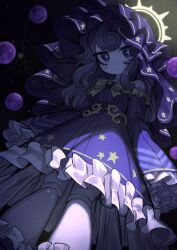 Rule 34 | 1girl, bare shoulders, blush, closed mouth, commentary, cross-shaped pupils, doll joints, dress, english commentary, frilled dress, frills, from below, halo, highres, joints, ketopon, long hair, looking at viewer, orb, original, purple eyes, purple hair, purple theme, purple veil, sleeves past wrists, solo, star (symbol), star print, symbol-shaped pupils, veil, yellow halo