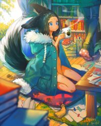 Rule 34 | 1girl, animal ears, between legs, black hair, black pants, blowing, blue eyes, blurry, book, book stack, bookmark, bookshelf, breasts, bruise, coat, commentary request, cup, curtains, cushion, depth of field, dirty, dog ears, dog tail, drawstring, footprints, fumiko (throughx2), fur trim, hand between legs, holding, holding cup, hood, hood down, hooded jacket, indoors, injury, jacket, jacket on shoulders, long hair, mug, naked coat, no shoes, nude, open book, original, out of frame, pants, paper, paw print, pencil, plant, pocket, polearm, polka dot, polka dot legwear, potted plant, rug, signature, sitting, small breasts, solo focus, steam, table, tail, tassel, walking, wariza, weapon, wooden floor, wooden table