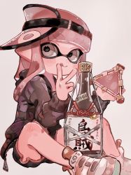 Rule 34 | 1girl, :q, black jacket, black shorts, bottle, full body, hat, highres, hood, inkling, inkling girl, inkling player character, jacket, long hair, long sleeves, looking to the side, nintendo, on floor, open clothes, open jacket, pink eyes, pink hair, pink hat, plum0o0, pointy ears, sake bottle, shoes, short shorts, shorts, simple background, sitting, smile, solo, splat bomb (splatoon), splatoon (series), tongue, tongue out, v, white background, white footwear, zipper