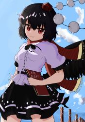 Rule 34 | 1girl, absurdres, black hair, black ribbon, black skirt, breasts, closed mouth, cloud, cloudy sky, commentary request, cowboy shot, day, happy, hat, highres, holding, holding notebook, medium breasts, notebook, onbashira, ougiikun, outdoors, pom pom (clothes), puffy short sleeves, puffy sleeves, red eyes, red headwear, red scarf, ribbon, scarf, shameimaru aya, shirt, short hair, short sleeves, skirt, sky, smile, tokin hat, touhou, white shirt