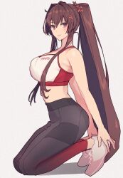 Rule 34 | 1girl, alternate costume, breasts, brown hair, clothes writing, commentary request, crop top, flower, hair flower, hair ornament, highres, kantai collection, kasumi (skchkko), kneeling, large breasts, long hair, looking at viewer, pants, ponytail, red eyes, shoes, sidelocks, simple background, sneakers, solo, sports bra, sportswear, very long hair, white footwear, yamato (kancolle), yoga pants