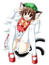 Rule 34 | 1girl, animal ears, bow, brown eyes, brown hair, cat ears, cat girl, cat tail, chen, colorized, earrings, fang, female focus, hat, highres, jewelry, kamiya tomoe, mary janes, multiple tails, panties, ribbon, shoes, short hair, socks, solo, tail, thighhighs, touhou, underwear, white panties