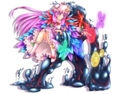Rule 34 | 1girl, blue bow, blush, bow, bowtie, crescent, dress, feather boa, frilled dress, frilled sleeves, frills, full body, hair bow, hair ribbon, hat, hozenkakari, loafers, long hair, long sleeves, magic: the gathering, magic circle, mob cap, patchouli knowledge, pink socks, purple eyes, purple hair, red bow, red bowtie, ribbon, shoes, sidelocks, slime (creature), slime (substance), smile, socks, solo, star (symbol), striped clothes, striped dress, touhou, tress ribbon, very long hair